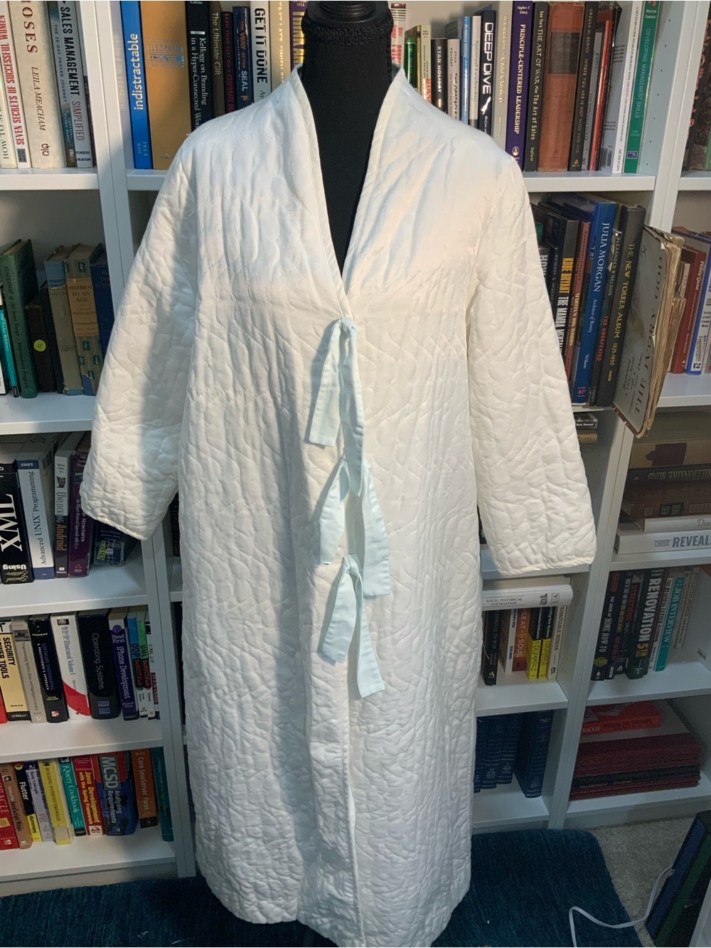 Valentino White Quilted Robe with Light Blue Tie Details - Size Small/Medium